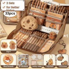 33pcs/226pcs/127pcs/47pcs Capybara‑Print Stationery Set, Multi‑Layer Large‑Capacity Pencil Box Set With Stickers, Keychain & Brooch, Patterned Stationery Supplies, Practical Collection For Daily‑Use - Brown - View 34