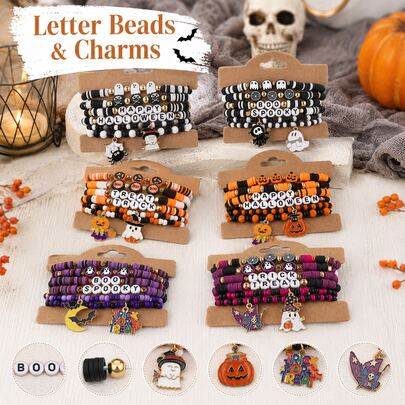 New Halloween Theme Party Set, Includes Popular Vintage Pumpkin Head Beaded Bracelet Made Of Soft Clay Material. This Is An Elegant And Fashionable Jewelry Accessory Suitable For Party And Holiday Decoration, A Perfect Gift For Women On Christmas And Halloween