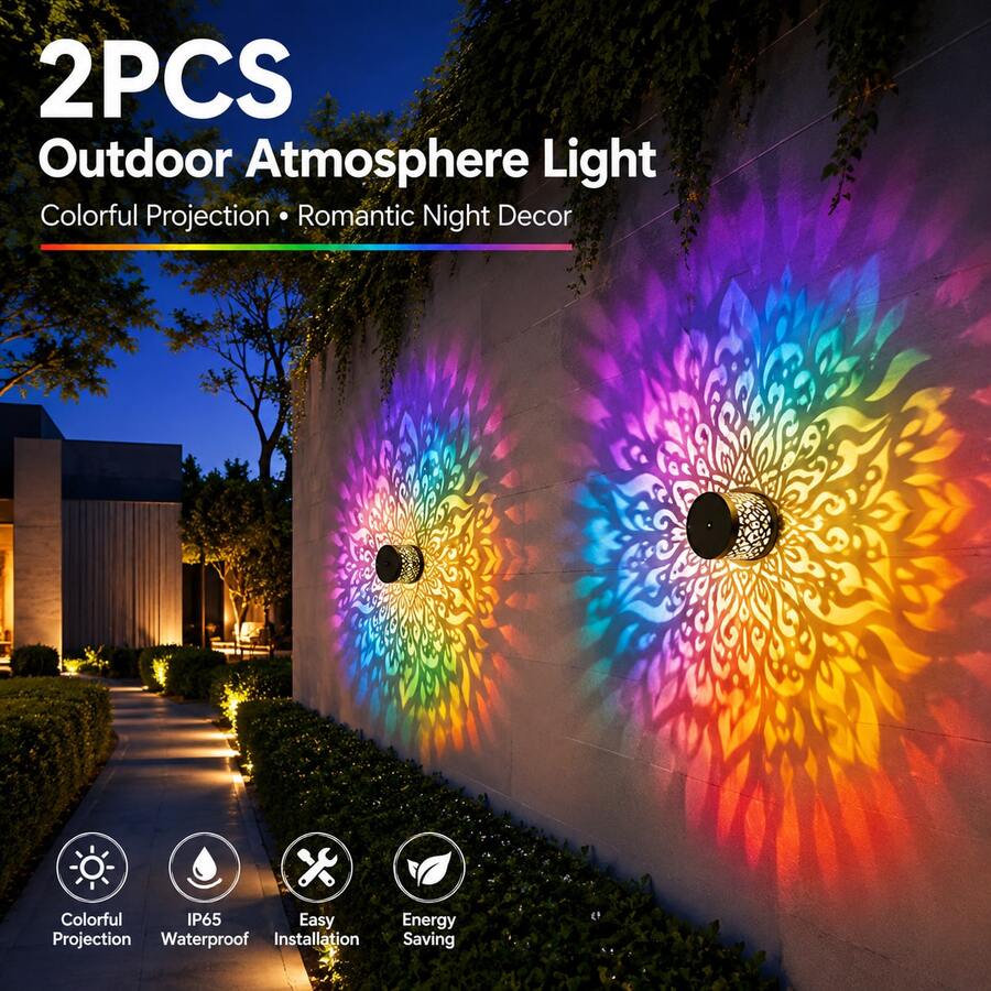 2 Pack Solar Outdoor Projection Lights, Colorful Mandala Pattern Solar Wall Lights, Decorative Projector Lamp, Solar Powered Outdoor Atmosphere Lighting for Patio, Fence, Garden, Yard, Walkway Decor