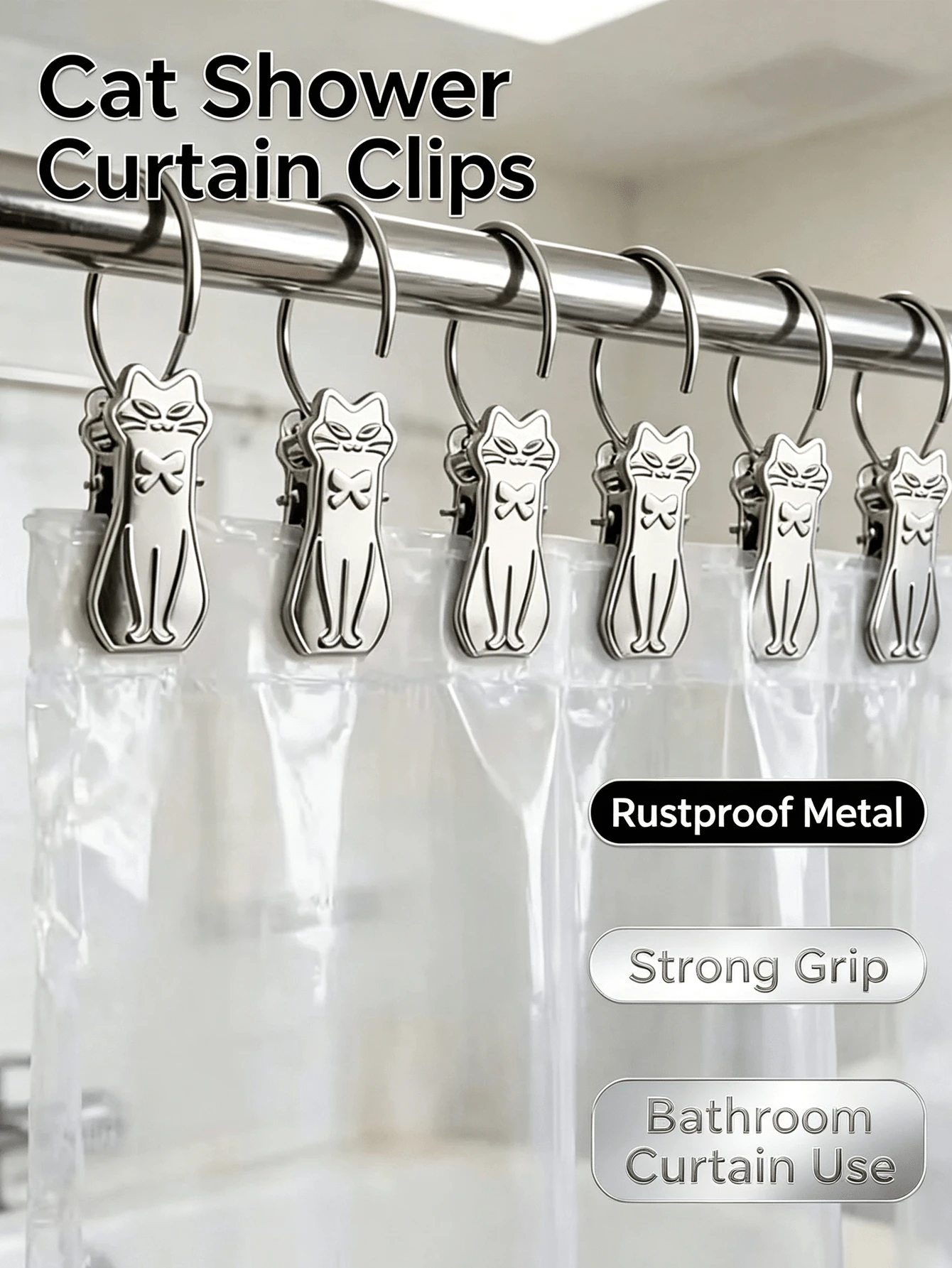 Cute Cat Shower Curtain Hooks Metal Curtain Clips Decorative Bathroom Hanging Clips Suitable For Shower Curtain Hanging, Curtain Fixing, Laundry Cloth Hanging, Home Fabric Decoration - Multicolor - View 1