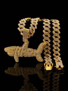 European & American Hip Hop Full Rhinestone SHARK Shark Letter Pendant Cuban Chain, Unisex Heavy Rhinestone Inlaid Thick Chain, American Rap Street Style Personalized Gold & Silver Dual Color Collarbone Accessory - Shark - View 5