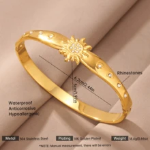 女款不鏽鋼金色開口手鐲套組，向日葵水鑽／白色貝殼三葉草琺瑯／橢圓鱗片／六角鋯石層疊手鍊，奢華禮品珠寶 - 鑲鑽太陽花套裝 - 查看 2