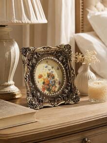 Antique Gold Vintage Picture Frame, Ornate Baroque Floral Photo Frame, Small Round Desktop Display For Vanity, Nightstand, Bookshelf, Mantel, Home Office, French Cottage Decor, Gift For Women - A - View 3