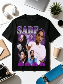 Sade Vintage Concert Fan T-Shirt With Multi-Photo Purple Sparkle Design. - 黑色 - 查看 1