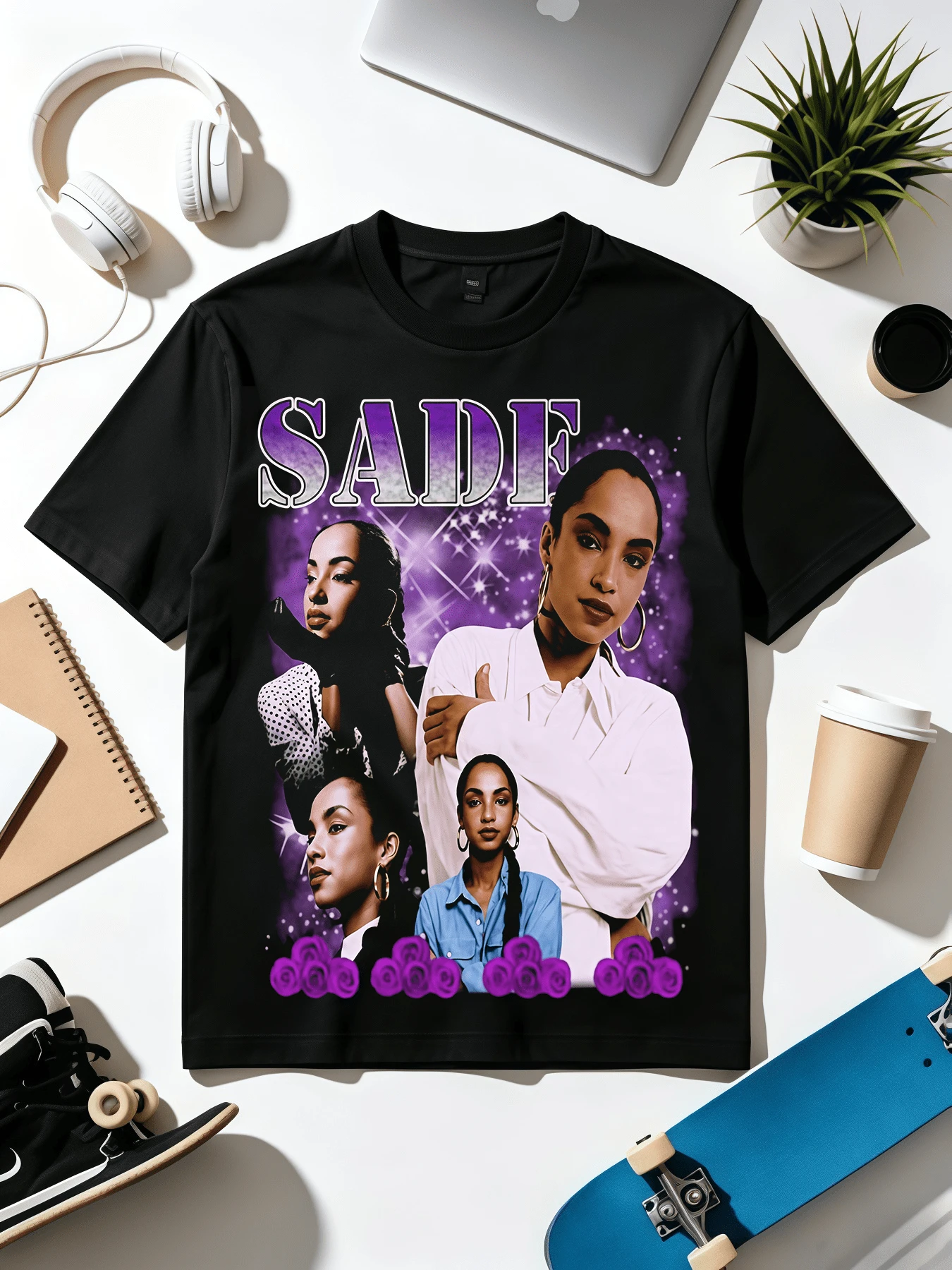 Sade Vintage Concert Fan T-Shirt With Multi-Photo Purple Sparkle Design. - 黑色 - 查看 1
