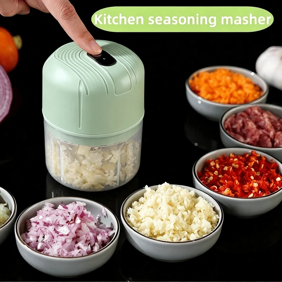 Electric Garlic Grinder/Mini Blender, USB 300mAh, 250ml, One-Hand, 3 Blades, For Seasoning/Baby Food, Home/Dorm/Kitchen. - Green - View 1