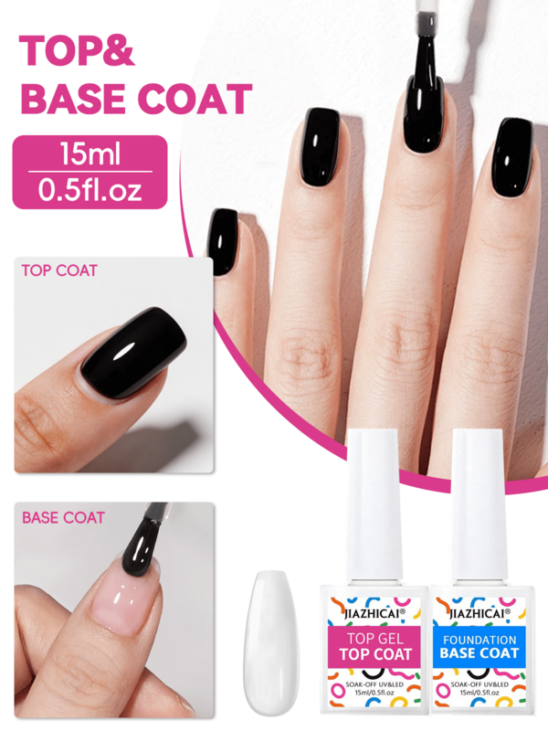 JIAZHICAI 15ml Transparent Base Coat & Top Coat Set, UV/LED Light Curing, Gel Nail Polish, Suitable For DIY Home Manicure Or Gift For Women
