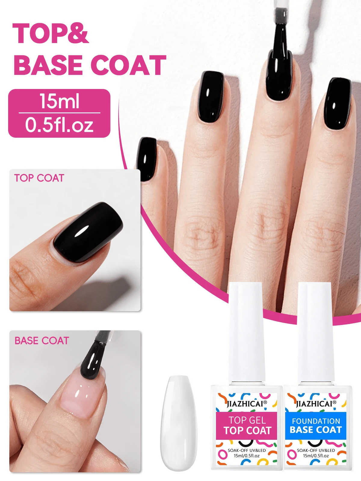 JIAZHICAI 15ml Transparent Base Coat & Top Coat Set, UV/LED Light Curing, Gel Nail Polish, Suitable For DIY Home Manicure Or Gift For Women - Clear - View 1