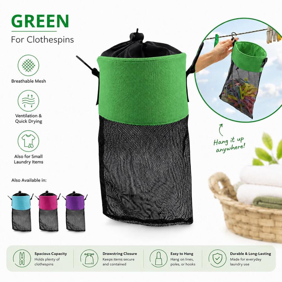 1-2pcs Mesh Clothespin Bag With Drawstring Closure, Hanging Clothes Peg Holder With Strap And Metal Hooks, Wide Mouth Laundry Storage Organizer