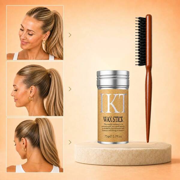 75g IKT Hair Wax Stick, Suitable For Controlling Flyaways And Baby Hair/Fine Hair, Professional Wooden Styling Comb Set, Long-Lasting Edge Control Pomade, Suitable For Creating Smooth Slicked-Back Hairstyles, Daily Salon And Home Hair Accessory Set, Exclusively For Women