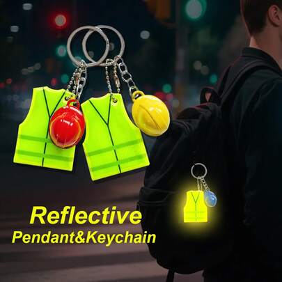 Creative Vest And Safety Helmet Shaped Keychain Keychain Lanyard Night Travel Reflective Pendant For Backpack Luggage Accessories