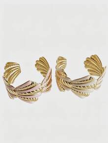 Women 2Pcs Stackable Bracelets Sets High Street Fashion Wide Ribbon Shape Stainless Steel Cuff Bangle Chunky Open Cuff Adjustable Wrist Jewelry Hot - Gold - View 19