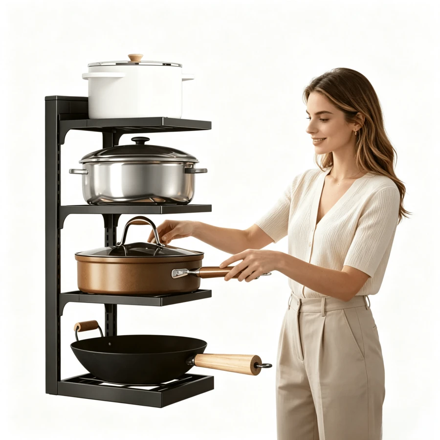 1 Piece Adjustable Multi-Layer Cookware Storage Rack, Black Layered Pot Rack, Holds Woks, Stock Pots, Frying Pans And Milk Pans, Freely Adjustable Layer Height, Suitable For Kitchen Countertop And Cabinet Interior To Organize Various Cookware. - Multiple Specifications - View 1