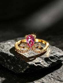 18K Gold Plated Copper Bowknot Water Drop Pink Cubic Zirconia Ring For Women, Fully Pave Diamond Ribbon Bow Pink Diamond Ring, Sweet Girl Luxury Jewelry, Suitable For Dating, Afternoon Tea, Evening Party, Valentine's Day Gift For Girlfriend, Durable Color Jewelry - Gold - View 3