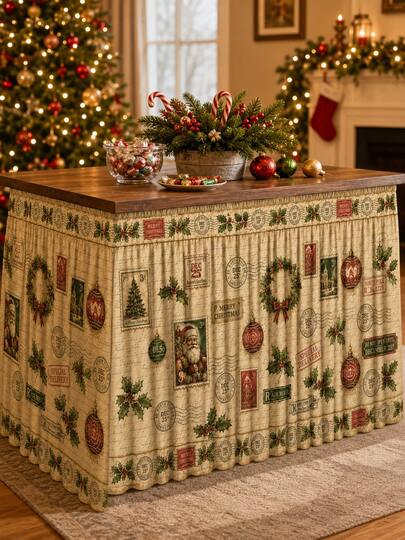 Christmas Table Skirt Vintage Postcard Stamp Pattern Santa Holly Merry Christmas Print Dining Table Decor European Retro Holiday Party Home Decoration