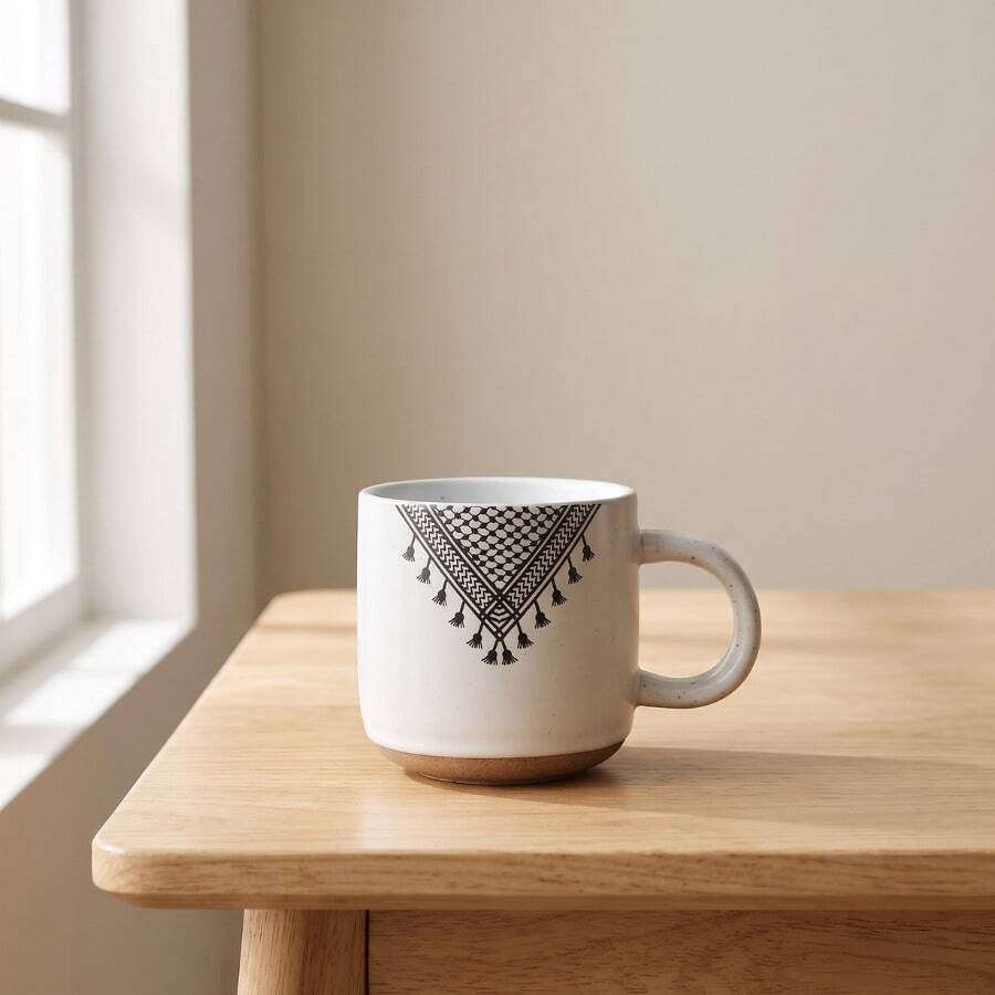Farmhouse Style Spotted Ceramic Mug, Black Tassel Woven Geometric Triangle Print Coffee Cup, Neutral Minimalist Kitchen Tableware Gift