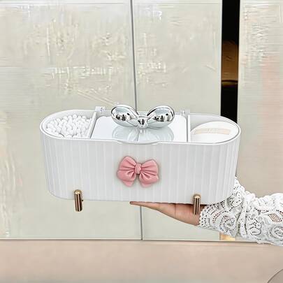 Pink Bow-Shaped Cotton Pad Organizer Box With Dividers, Transparent Lid, And Cosmetic Organizer Rack. Suitable For Cotton Pads And Cotton Swabs, This Space-Saving Desktop Cosmetic Organizer Is Perfect For Your Desktop.
