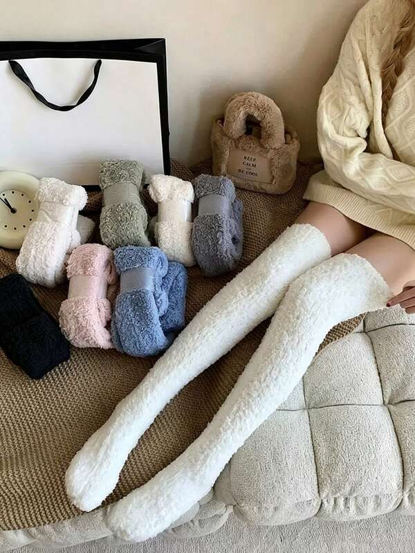 1 Pair Women's Over-The-Knee Long Socks, Winter Coral Fleece Thickened Plush Knee-High Socks, Sleep Floor Socks, Knee Protection Socks
