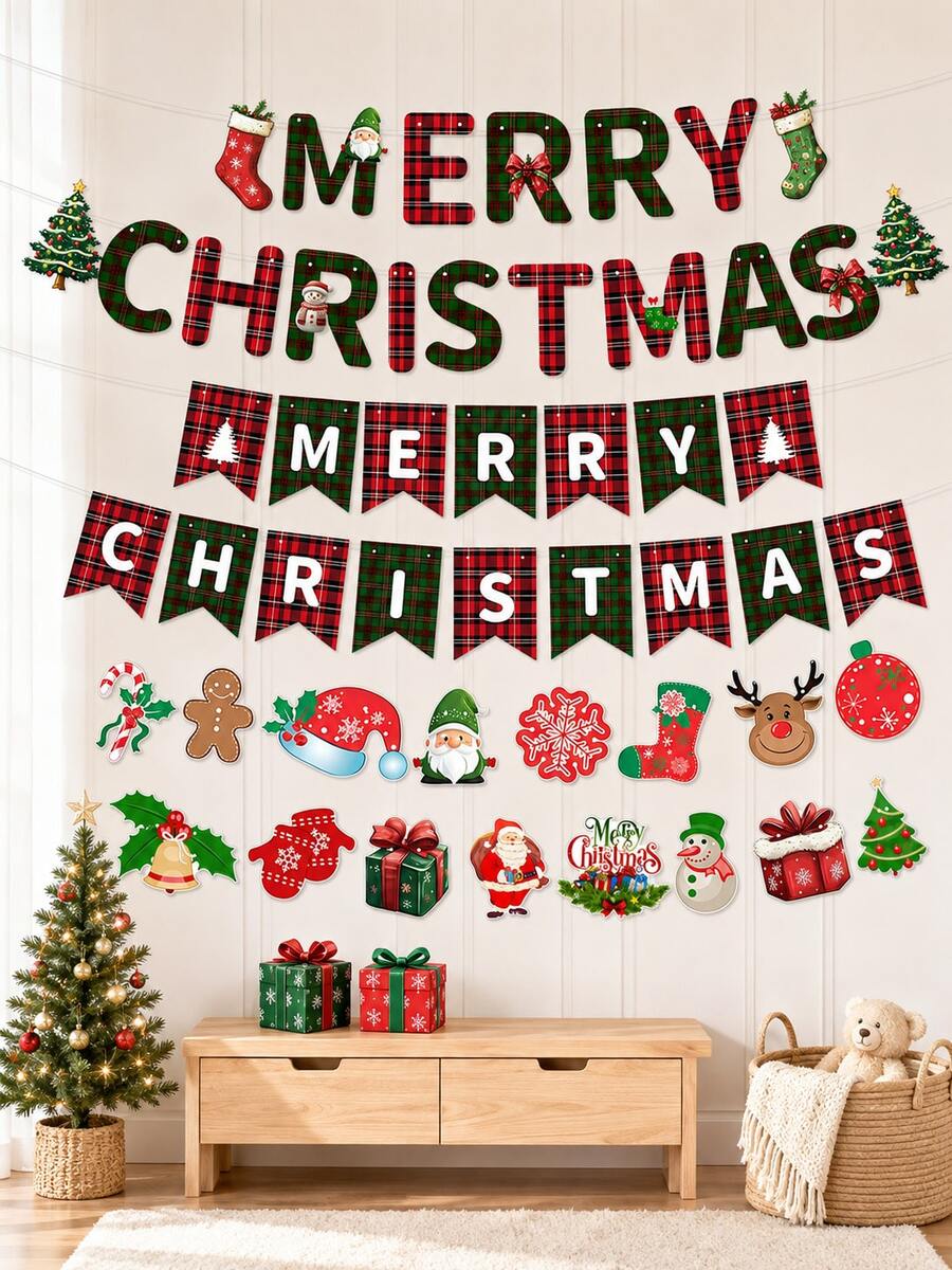 1 Set Christmas Banner Hanging Decoration Set, Red And Green Cartoon Decor, Suitable For Children's Room, Baby Room, Home And Christmas Party Decoration - Multicolor - View 1