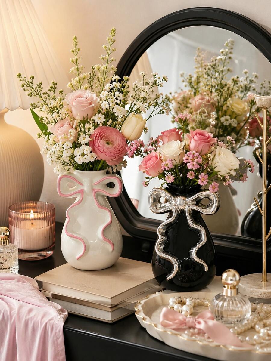 Bow Ribbon Vase, Cute Decorative Desktop Vase, Suitable For Reed Grass, Dried Flowers, Vanity Decor, Bedroom Nightstand, Bathroom Countertop, Bookshelf And Entryway Table - Multicolor - View 1