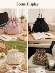 1pc Japanese Style Drawstring Large Capacity Insulated Lunch Bag, Leak-Proof Crossbody Bento Bag (With Adjustable Shoulder Strap/Dual Handles), Portable Reusable Cooler Bag, Suitable For Back To School/Work/Picnic/Travel - Multicolor - View 3