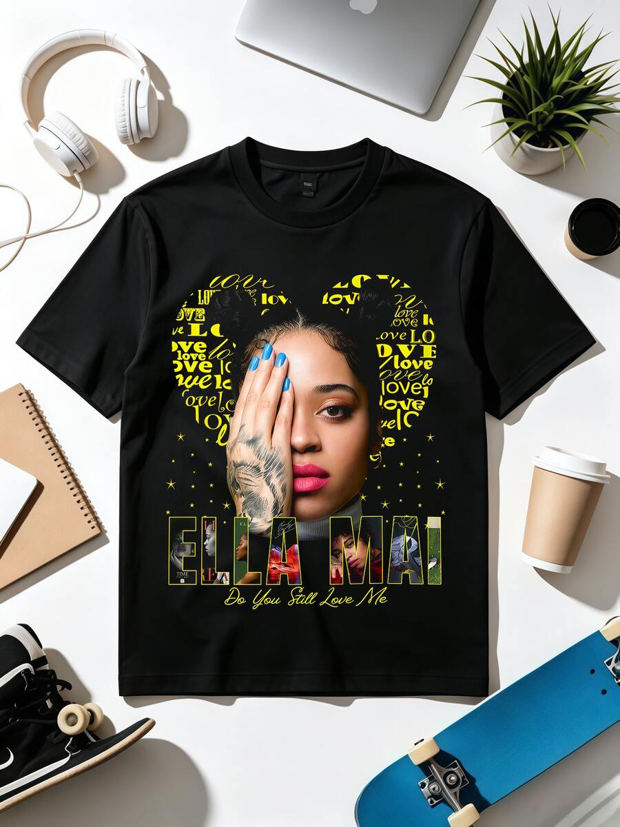 Camiseta con estampado retro estético de cantante de R&B con fondo de texto de amor. - Negro - Ver 1
