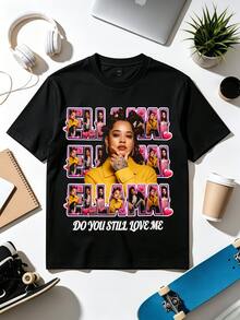 Heart Frame Collage R&B Singer Retro Love Song Print T-Shirt. - 黑色 - 查看 1