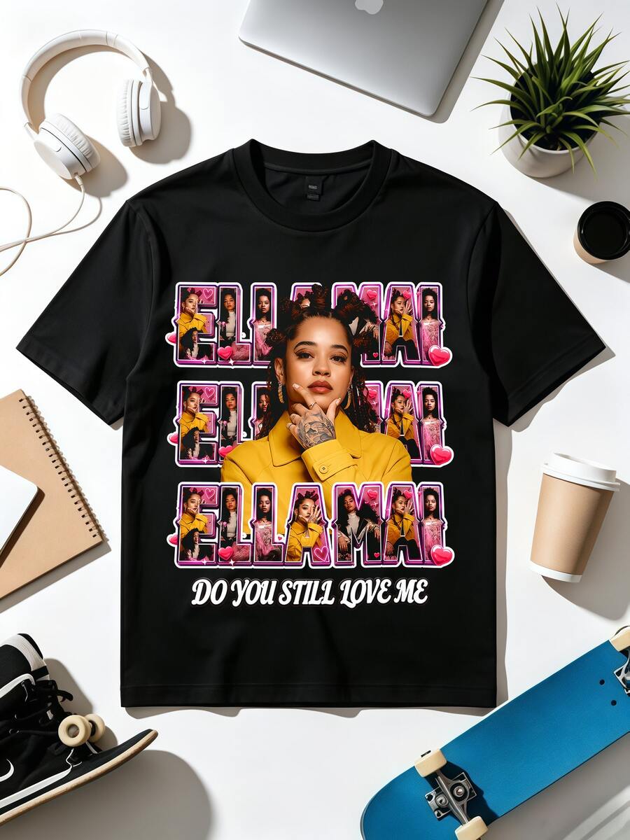 Heart Frame Collage R&B Singer Retro Love Song Print T-Shirt. - 黑色 - 查看 1