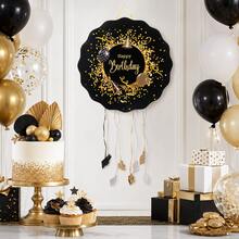 Piñata de Cumpleaños Negra y Dorada 43x43cm con Cintas para Tirar – Diseño Happy Birthday para Fiestas y Celebraciones - Ver 7