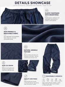 Summer Dark Blue Wide Leg Pants Elastic Waist Drawstring Loose Draped Lightweight Breathable High Waisted - Deep Blue - View 7