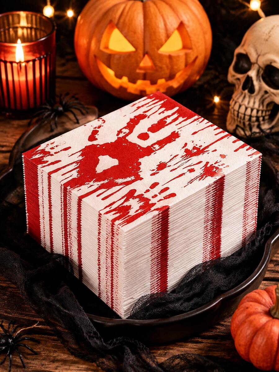 40PCS/20PCS Bloody Handprint Square Paper Napkins – Disposable Halloween Party Tableware & Festive Decor,Halloween Decor,Halloween Home Decor - A - View 1