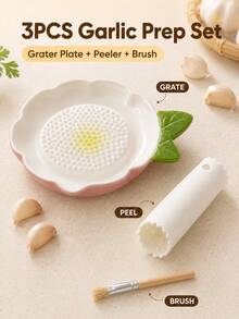 1/3pcs Fruit Shaped Ceramic Garlic Grinder Set, Garlic & Ginger Grater With Silicone Garlic Peeler And Cleaning Brush Dip Sauce Dish, Multi-Functional Kitchen Tool For Garlic, Ginger, Carrot, Yam, Butter, Housewarming Gift - Fruit-shaped Ceramic Garlic Press - View 3