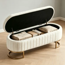 Velvet Storage Bed Bench 130 Cm - Gold Metal Legs - Upholstered Storage Bench For Bedroom Hallway Living Room - 白色 - 查看 8