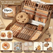 33pcs/226pcs/127pcs/47pcs Capybara‑Print Stationery Set, Multi‑Layer Large‑Capacity Pencil Box Set With Stickers, Keychain & Brooch, Patterned Stationery Supplies, Practical Collection For Daily‑Use - Brown - View 33