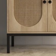 Mid Century Modern Rattan Buffet Storage Cabinet – Glass Doors, Adjustable Shelves, Wooden Sideboard Console For Entryway, Living Room, Kitchen, Or Hallway - White - View 5