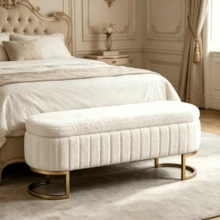 Velvet Storage Bed Bench 130 Cm - Gold Metal Legs - Upholstered Storage Bench For Bedroom Hallway Living Room - 白色 - 查看 3