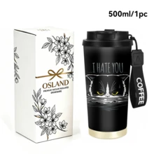 1個/5個 500ml 黑色暴躁貓旅行杯，雙層不鏽鋼保溫杯，憤怒貓文字圖案印花設計，附印有 COFFEE 字樣掛繩的便攜咖啡杯，適合日常通勤 - 黑色-討厭你 - 查看 11