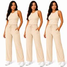 Set Of 3 Wide Leg Pants With Pockets + Women's Plus Size Tank Top - Beige - View 11