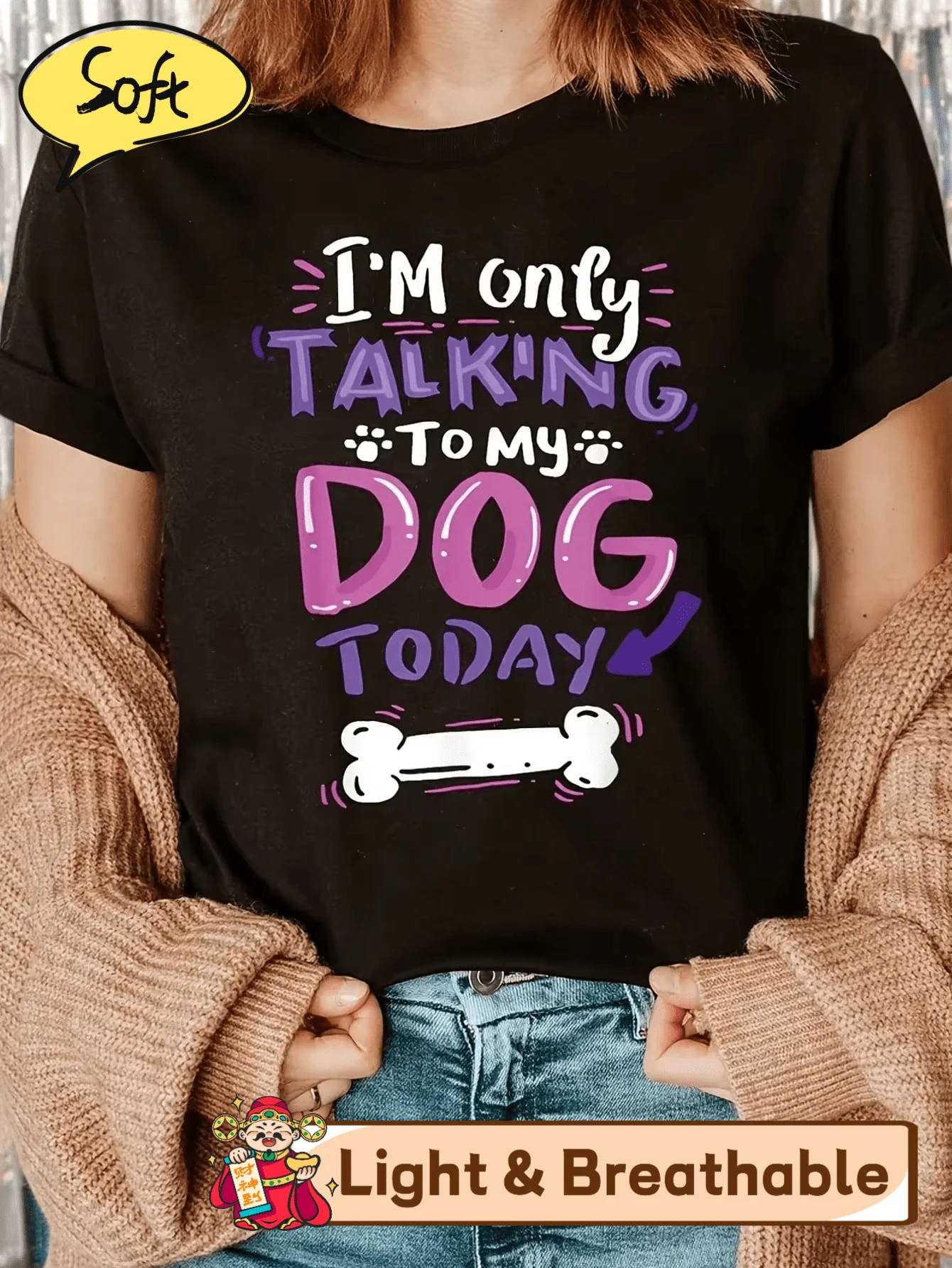 Women's "I'm Only Talking To My Dog Today" Graphic T-Shirt - Casual Short-Sleeve Round-Neck Top, Decorated With Paw Prints And Bone Patterns, Black An - Black - View 1