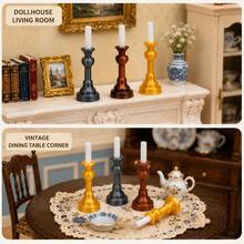 1:12 Scale Dollhouse Miniature Vintage Candlestick With Mini White Candle, Retro Metal Texture Small Candlestick Model, Dollhouse Dining Room And Living Room Scene Decoration Accessory, Suitable For Miniature Scene Models And Handmade Scene Diorama Mini Ornament Toy - Multicolor - View 3