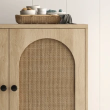 Mid Century Modern Rattan Buffet Storage Cabinet – Glass Doors, Adjustable Shelves, Wooden Sideboard Console For Entryway, Living Room, Kitchen, Or Hallway - White - View 4