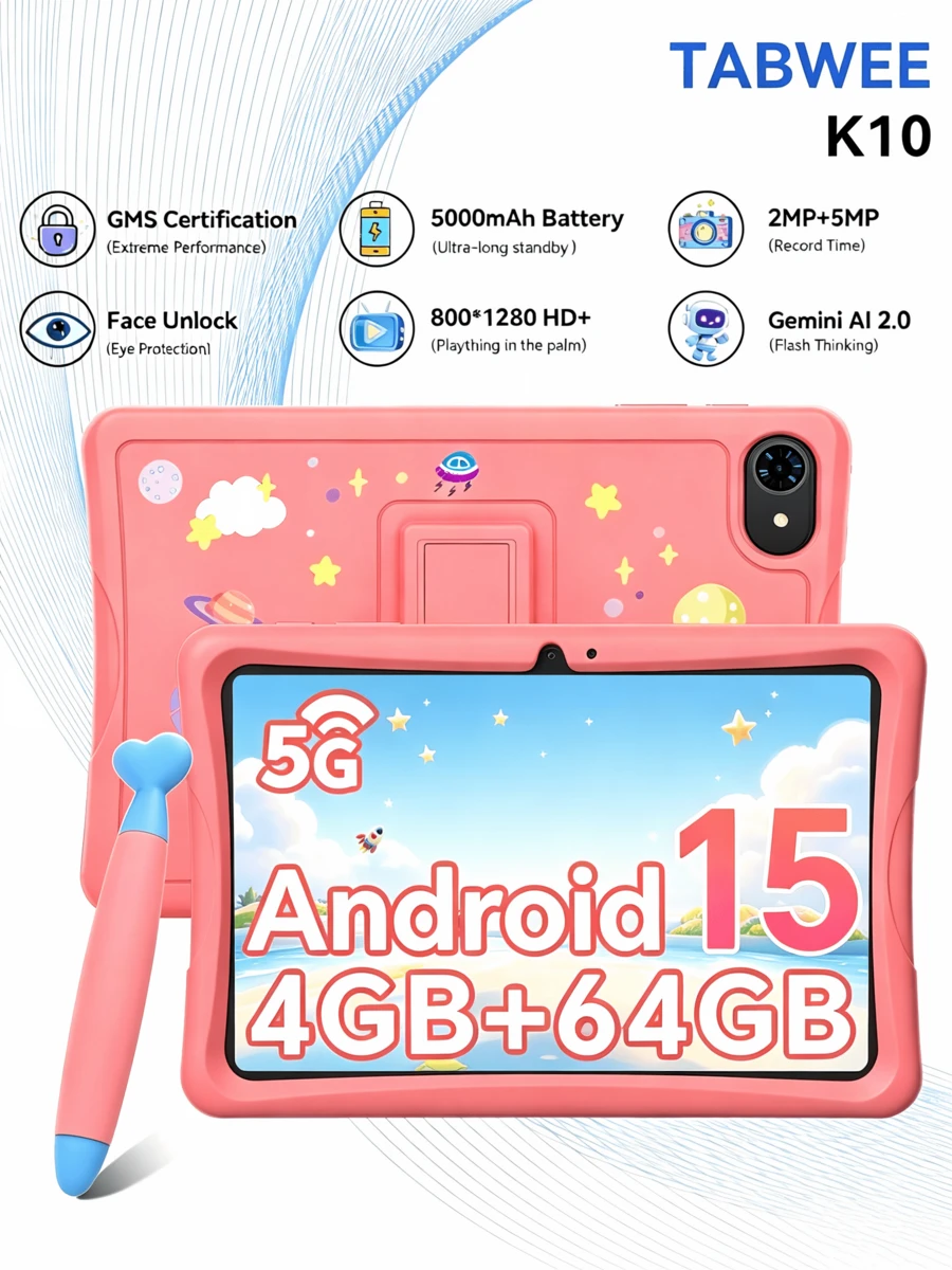 TABWEE 10.1 吋兒童平板電腦 Android 15 K10 平板,教育平板,HD+ IPS 1280*800 解析度,四核心處理器,12GB (4+8) RAM,64GB 儲存空間可擴充至 1TB,5000mAh 電池,雙喇叭,WiFi(不含適配器) - 粉色 - 查看 1
