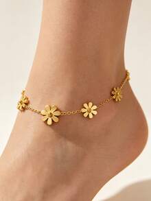 VceTd 1PC Minimalist Romantic Style Stainless Steel Anklet With Flower Decoration, Suitable For Women's Daily Wear Or Beach Vacation - Yellow Gold - View 3