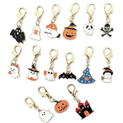 16Pcs Random Cute Ghost Alloy Keychain Set - 2D Flat Halloween Pendant For Bag & Backpack, Festive Carnival Gift For Friends