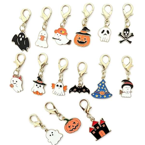 16Pcs Random Cute Ghost Alloy Keychain Set - 2D Flat Halloween Pendant For Bag & Backpack, Festive Carnival Gift For Friends