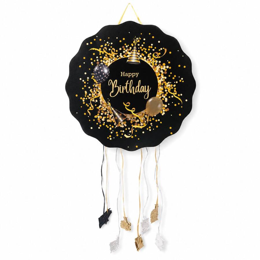 Piñata de Cumpleaños Negra y Dorada 43x43cm con Cintas para Tirar – Diseño Happy Birthday para Fiestas y Celebraciones - Ver 1