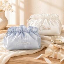 1pc Personalized Embroidered Ruffle Cloud Makeup Bag, Customized Bridesmaid Toiletry Bag, Travel Toiletry Bag, Bridesmaid Gift - Multicolor - View 2