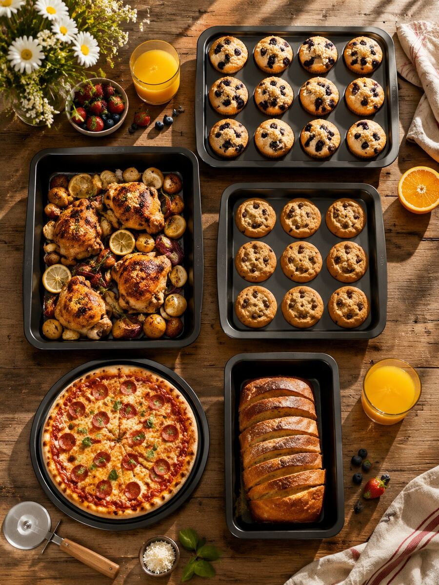 Baking Pan Set, 1/5pcs Non-Stick Baking Tools, Includes Round/Square Cake Pans, Muffin Bread Pan, Roasting Pan, Oven Baking Sheet, Kitchen Baking Cookware Set, Baking Trays And Supplies, In Black