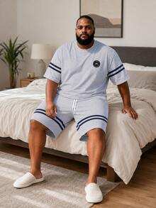 Plus Size Men's Short Sleeve & Shorts Home Set, Striped Round Neck Loose 2-Piece Set, Breathable Skin-Friendly Casual, Plus Size Loungewear - Multicolor - View 2