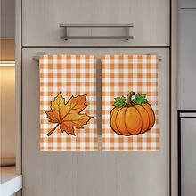 秋季橘色與白色格紋南瓜楓葉圖案廚房抹布 2 件組，40*60cm 柔軟微纖維材質，適用於居家廚房、餐廳、戶外露營桌面清潔、洗碗布、手巾配件，節日禮物 - 彩色 - 查看 6